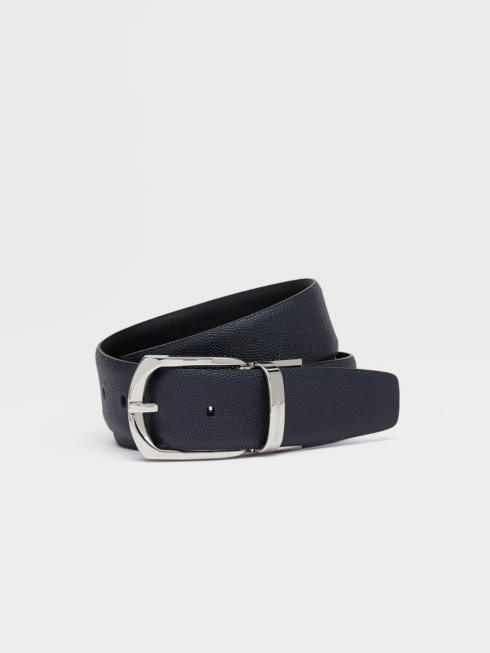 Navy Blue Grained Leather and Black Smooth Leather Reversible Belt